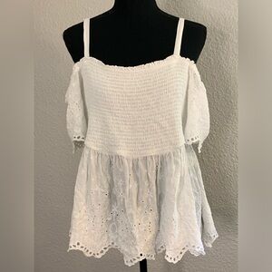 TORRID White Smocked Cold Shoulder Eyelet Midi Top